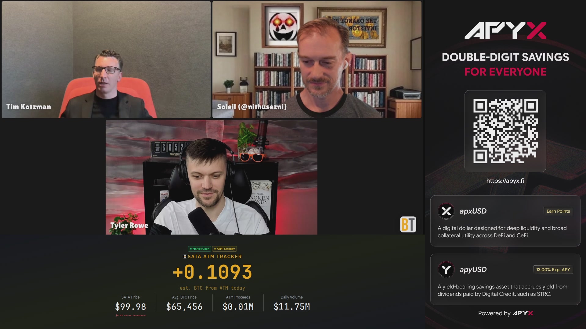 The image shows a group of three men sitting behind a computer screen, with one man speaking into a microphone while another two are looking at him. The background features a black and white photo of a person's face, along with text that reads "Double-digit savings for everyone".