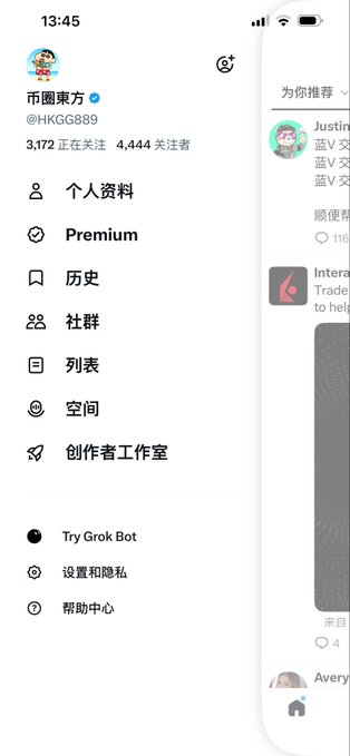 A mobile app menu in Chinese displaying a profile for user @HKGG889 with options like '个人资料' (Profile), 'Premium', and '历史' (History), featuring a 'Try Grok Bot' option.