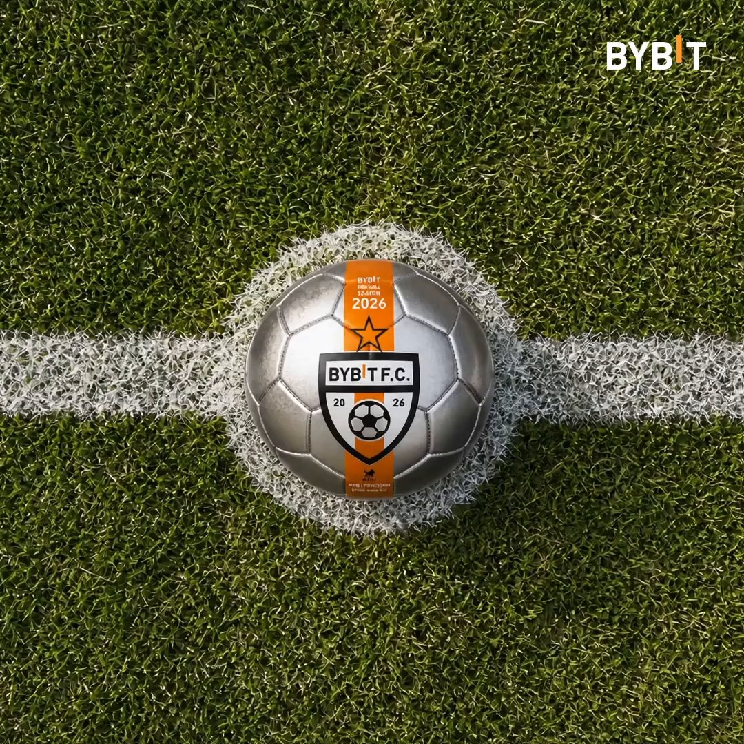 The image features a soccer ball sitting on top of an artificial turf field with white lines representing boundaries between different sections within the playing area. The background prominently displays the text "Bybit Football Season" and "Predict match outcomes, earn points for correct calls, and compete for up to $1,000,000 in MNT." This suggests that viewers can use a mobile application provided by Bybit to make money from predicting soccer matches' outcomes or participating in various game-related activities.