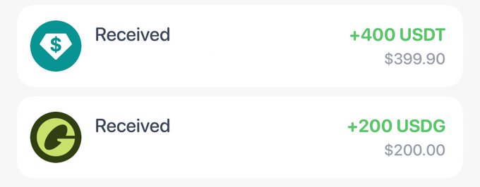 A screenshot showing received crypto transactions: +400 USDT ($399.90) and +200 USDG ($200.00).