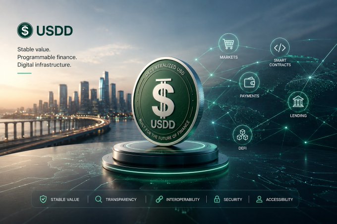 Another promotional graphic for USDD featuring a green coin on a glowing platform against a cityscape backdrop. The text highlights 'Stable value. Programmable finance. Digital infrastructure.' with icons for Markets, Smart Contracts, Payments, Lending, and DeFi.