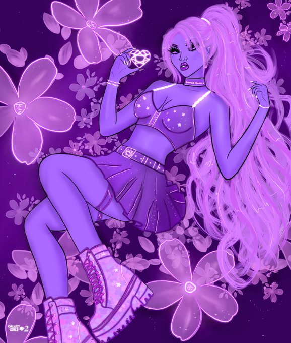 A digital illustration of a purple-toned girl with long flowing hair, holding a glowing heart, surrounded by large stylized flowers against a starry purple background, signed 'GALAXY 002'.