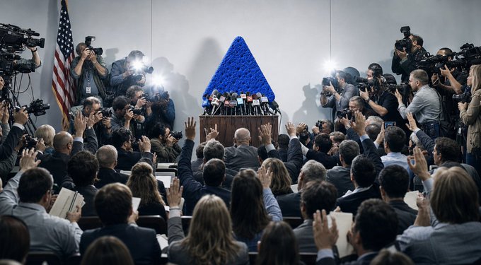 A crowd of reporters and attendees raise their hands at a press conference, where a podium is set against a striking blue pyramid backdrop with an American flag visible to the left. The post's tagline "The future is blue. $BLUECHIP" ties directly to the prominent blue pyramid, framing it as a symbolic centerpiece of a bullish market announcement.