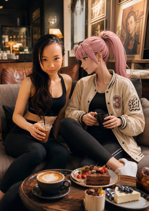 An anime-style illustration of two young women sitting on a couch in a cafe, one with dark hair and the other with pink hair in a varsity jacket, with coffee, cake, and desserts on a table in front of them.