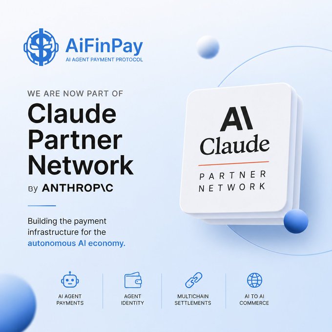 The image features a white square with blue text that reads "We are now part of Claude Partner Network by Anthropic". Below this, there's an image of a white square with blue text that says "Building the payment infrastructure for the autonomouous AI agents - enabling real-time on-chain settlements, agent identity and AI-to-AI commerce across Polygon and Solana". The image also includes several other images related to the post.