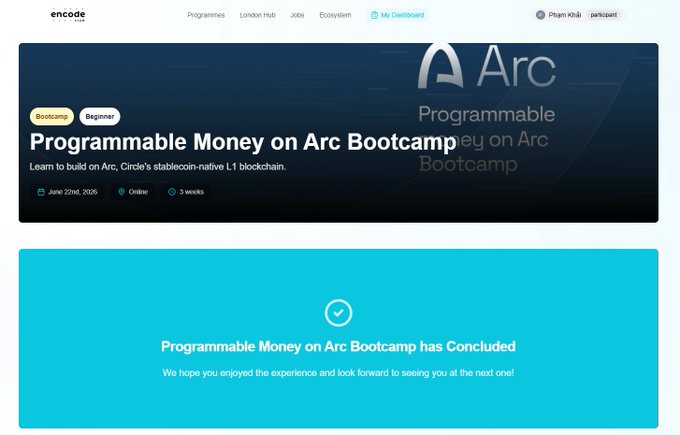 A webpage from Encode Club displaying a 'Programmable Money on Arc Bootcamp' banner, with text indicating the online bootcamp took place on June 22nd, 2026, and has concluded.
