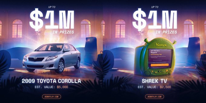 A promotional banner for Bonkplay's "$1M IN PRIZES" giveaway showcases two prizes available: a 2009 Toyota Corolla (est. value $5,000) and a Shrek TV (est. value $2,500), with both items displayed against a glamorous ballroom backdrop. The banner provides the call-to-action "BONKPLAY.COM" for users to join the waitlist for Bonk_inu's prize pool.