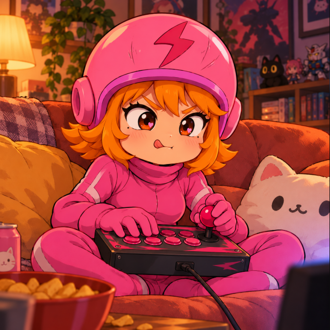 An anime-style illustration shows a young girl with orange hair wearing a pink helmet and outfit while intensely playing an arcade fight stick on a couch.