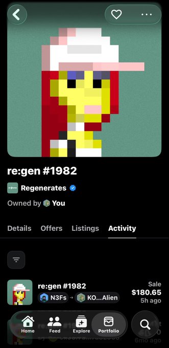 A screenshot of a mobile app displaying an NFT called 're:gen #1982' with a recent sale activity showing a transfer from 'N3Fs' to 'KO...Alien' for $180.65.
