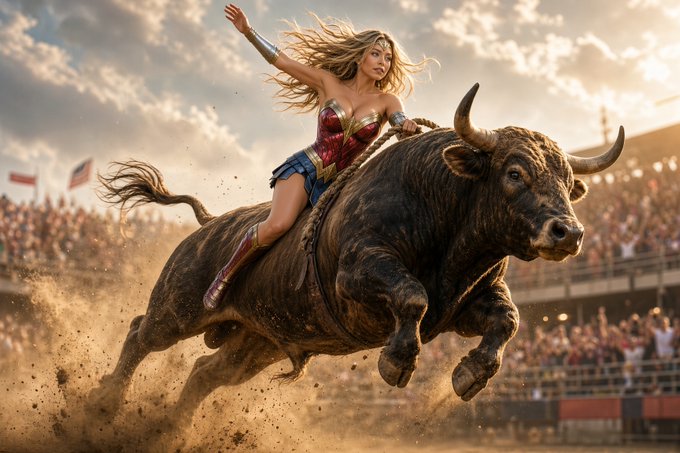 In this dynamic, action-packed image, a figure resembling Wonder Woman, clad in her iconic red, blue, and gold costume with a tiara and flowing blonde hair, is seen riding atop a massive, powerful bull as it charges through a stadium arena. Dust and dirt kick up around the bull's hooves, emphasizing the intensity of the movement, while a crowd of spectators fills the background under a dramatic, cloudy sky. The image's bullish imagery of a woman riding a charging bull directly ties to the post about "#Altcoins," visually symbolizing the excitement, strength, and momentum often associated with bullish cryptocurrency markets.