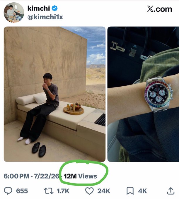 The image shows a tweet from "kimchi (@kimchi1x)" posted at 6:00 PM on 7/22/26, featuring two photos: one of a young man sitting on a minimalist concrete bench in a desert landscape, and another showing a Rolex-style watch with a rainbow bezel on someone's wrist. The tweet has gained significant traction with 12M Views (circled in green), 655 comments, 1.7K reposts, 24K likes, and 4K bookmarks.

The image relates to the accompanying post about "Threadguy" predicting that future celebrities will be traders—showcasing the lavish lifestyle (desert luxury retreat, expensive watch) associated with successful crypto traders that the post suggests will define fame in the 2030s.
