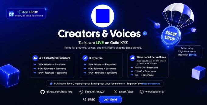 The image features a blue banner with white text that reads "Creators & Voices" and "LIVE ON GUID XYZ". The banner also includes a list of tasks for creators and voices, along with details about joining the Guild. The background of the image is dark blue, which contrasts with the light blue banner and makes it stand out.
