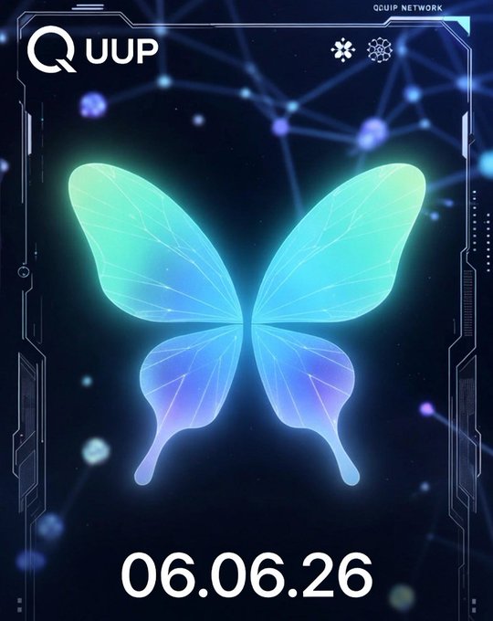 The image features a poster for a project called @quipnetwork, which is described as discussing Bitcoin, Ethereum, and other cryptocurrencies in depth. It is set against a dark background with small white dots scattered throughout, creating a visually striking composition. The poster also includes a date and time stamp, showing that the post was published at 06:06:26. This event seems to be related to a cryptocurrency-related discussion or project, possibly launching something new or providing information about a specific issue in the space of Bitcoin and Ethereum.
