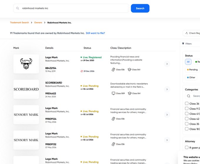 A trademark search results page for "robinhood markets inc" showing 91 trademarks, including the bull logo, "SCOREBOARD," and multiple "SENSORY MARK" entries, with details about registration status and filing dates.