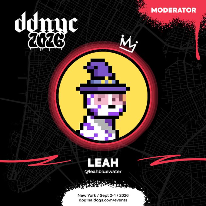 An event poster for 'ddmyc 2026' featuring a pixel art character with purple wizard hat and white/purple fur inside a yellow and red circle, labeled as 'MODERATOR LEAH @leahbluewater' with event details 'New York / Sept 2-4 / 2026' and website 'doginaldogs.com/events'.