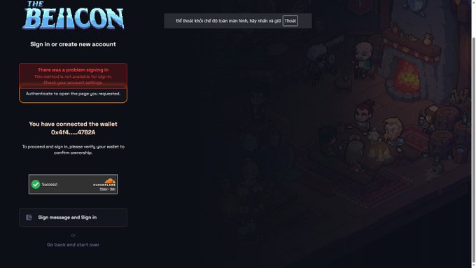 Screenshot of 'The Beacon' sign-in page showing an authentication error and a connected wallet (0x4f4....4782d) with a successful checkmark and a 'Sign message and Sign in' button.