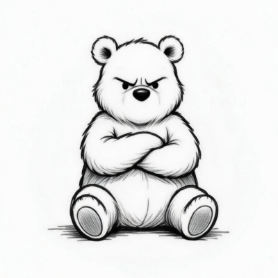 A cartoon-style teddy bear sits with arms crossed and a grumpy expression, conveying a "don't mess with me" attitude that humorously contrasts with the affectionate post thanking someone for their gift.