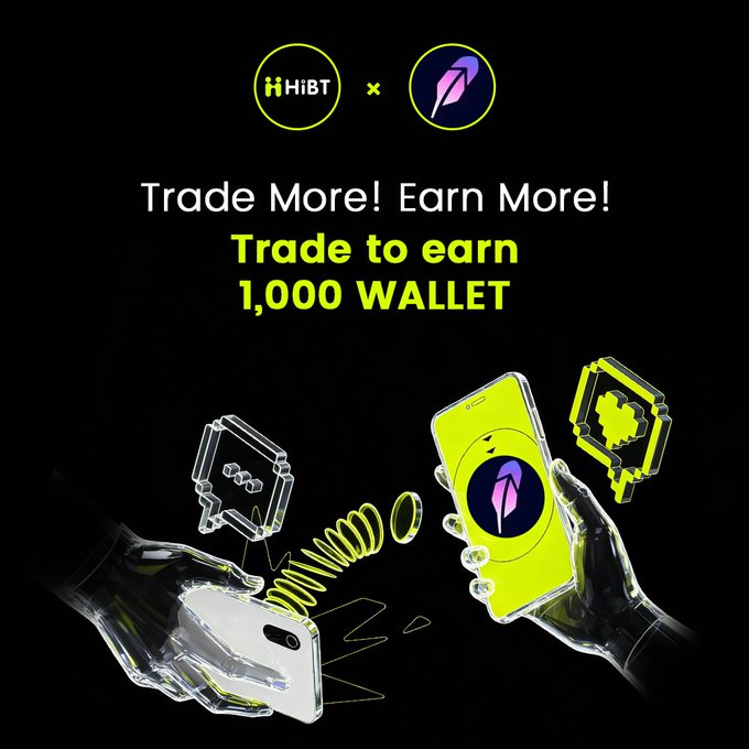 The image is a promotional banner featuring the HiBT and Wallet logos, with text reading "Trade More! Earn More! Trade to earn 1,000 WALLET," showing stylized hands holding smartphones and digital wallet icons. It appears to be a marketing campaign from the HiBT exchange advertising a $WALLET token trading promotion, which contrasts with the post's skepticism about the exchange after the token was reportedly "rugged."