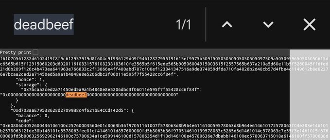 A screenshot of a code editor or debug console showing JSON data with a search for 'deadbeef', displaying nonce, storage hash, and balance information for a blockchain transaction.