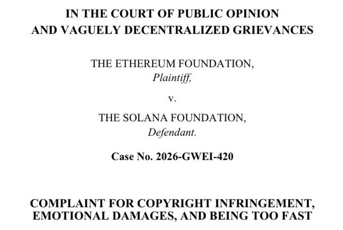 A white, black and red legal document titled "In the Court of Public Opinion and Vaguely Decentralized Grievances" is displayed on a gray background with black text.