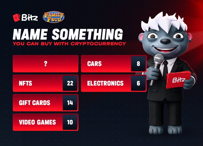 The image shows a "Family Feud" style game board from Bitz titled "NAME SOMETHING YOU CAN BUY WITH CRYPTOCURRENCY," displaying answer categories with point values: CARS (8), NFTS (22), ELECTRONICS (6), GIFT CARDS (14), and VIDEO GAMES (10), alongside a host panda mascot holding a microphone. The board visually supports the post's question by highlighting NFTs as the top answer with the highest point value of 22, suggesting it's the most common crypto purchase according to the survey.