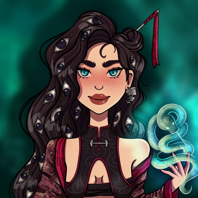 A digital illustration shows a confident dark-haired female character with striking blue eyes, wearing a red and black outfit with a hair stick, holding a swirling orb of teal magic. Her hair is uniquely adorned with multiple eye motifs, fitting the "Gleam Squad" character being introduced in the post.