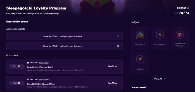 A 'Sleepagotchi Loyalty Program' webpage showing a SLEEP balance of 28,573, with quests completed and badges including Dino Holder and Dreamcatcher.