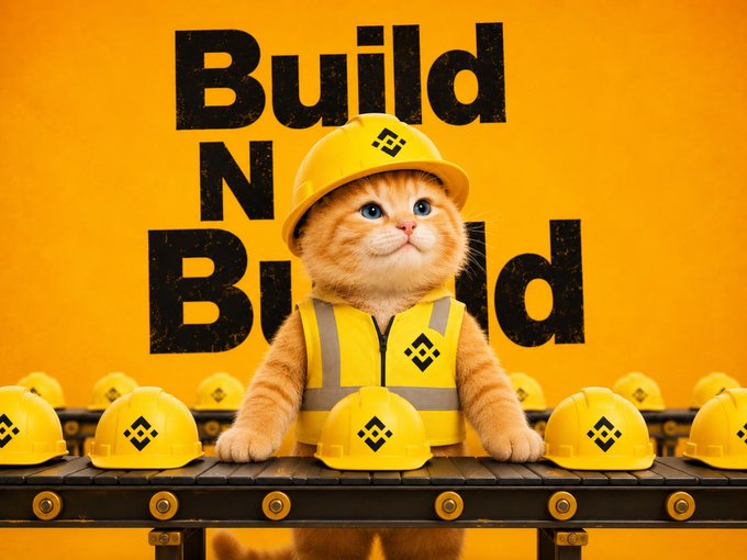 A fluffy orange kitten in a yellow hard hat and reflective safety vest stands at a conveyor belt surrounded by matching Binance-branded helmets, with the bold text "Build N Build" behind it—visually parodying the crypto industry's race to mint the next billion-dollar cat memecoin, as referenced by the post highlighting $ZCAT's rapid rise on Solana.
