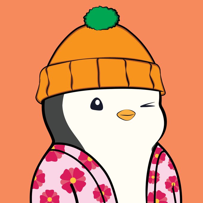 A cartoon penguin wearing an orange beanie with a green pom-pom and a pink floral shirt, winking at the camera.