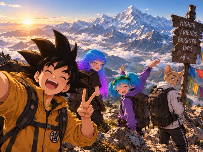 An anime-style illustration of four characters celebrating on a mountain summit at sunrise, with a wooden signpost reading 'HIGHER FRIENDS BRIGHTER DAYS'.