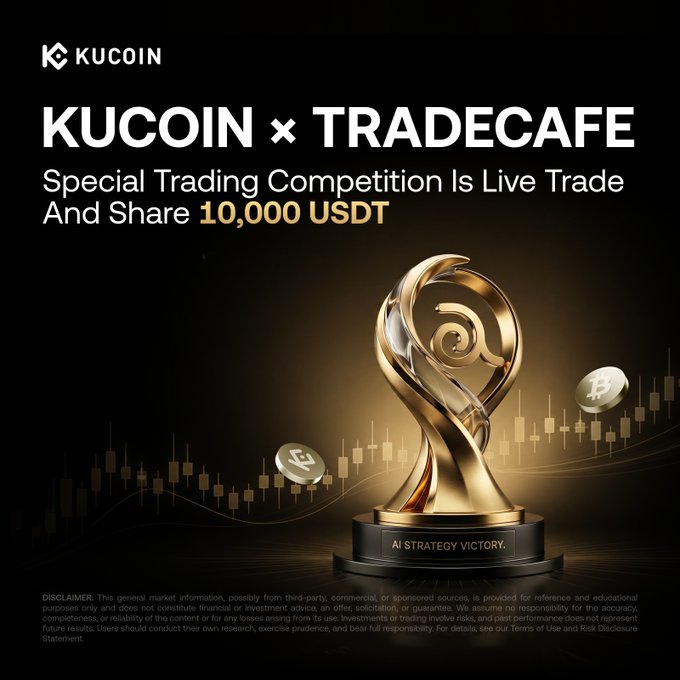KuCoin x TradeCafe promotional banner advertising a special trading competition with a 10,000 USDT prize pool, featuring a golden trophy labeled 'AI STRATEGY VICTORY' and Bitcoin coins on a candlestick chart background.