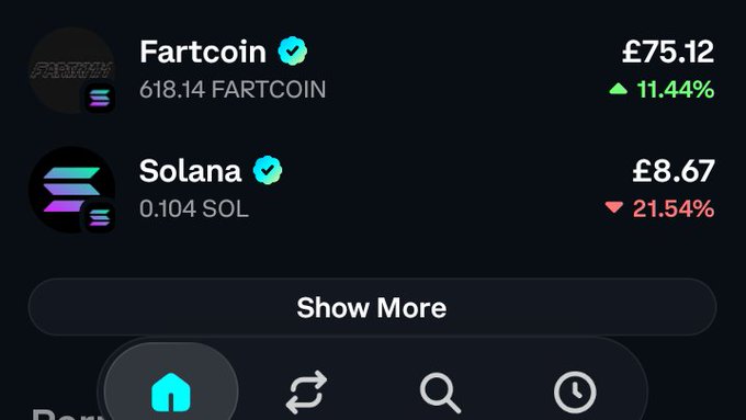 A cryptocurrency portfolio screen displays Fartcoin at £75.12 (up 11.44%, holding 618.14 FARTCOIN) and Solana at £8.67 (down 21.54%, holding 0.104 SOL).
