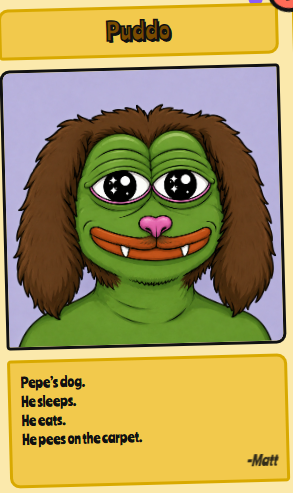 A digital character card titled "Puddo" depicts Pepe's green dog with brown shaggy fur, large eyes, and fangs, labeled "Matt" in the corner. The accompanying text describes Puddo as Pepe's dog from Matt Furie's NFT collection HEDZ, noting that he "sleeps, eats, and pees on the carpet."