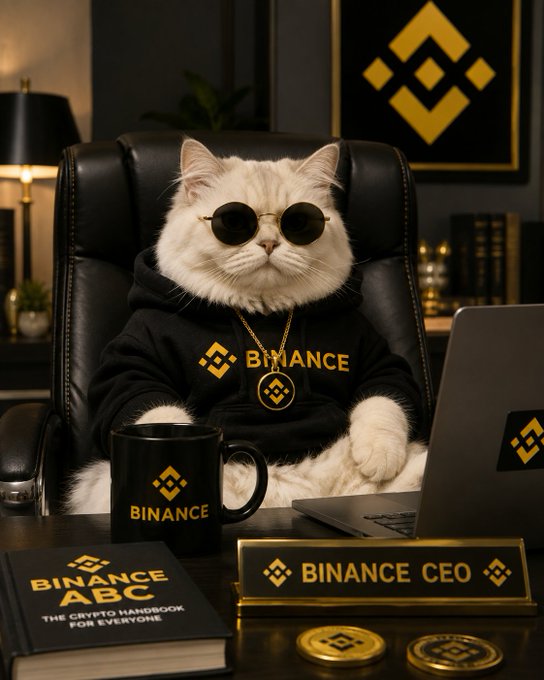An AI-generated image shows a fluffy cat wearing sunglasses and a black "BINANCE" hoodie, sitting in an office chair at a desk with a Binance laptop, mug, book, and "BINANCE CEO" nameplate.