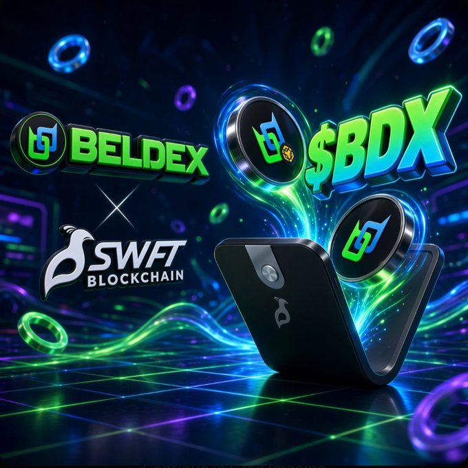 A promotional graphic for a partnership between 'BELDEX $BDX' and 'SWFT BLOCKCHAIN,' showing logos, floating coins, and a black hardware wallet device.