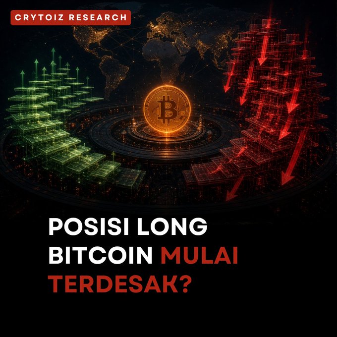 A digital graphic from 'CRYTOIZ RESEARCH' features a glowing Bitcoin coin over a world map with green upward arrows and red downward arrows, with text reading 'POSISI LONG BITCOIN MULAI TERDESAK?'.