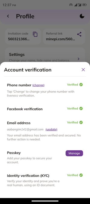 A Pi Network profile’s “Account verification” screen shows the phone number, Facebook, email, and identity/KYC as verified, with a passkey option available. This visually supports the accompanying post claiming the Pi Network account is fully verified.