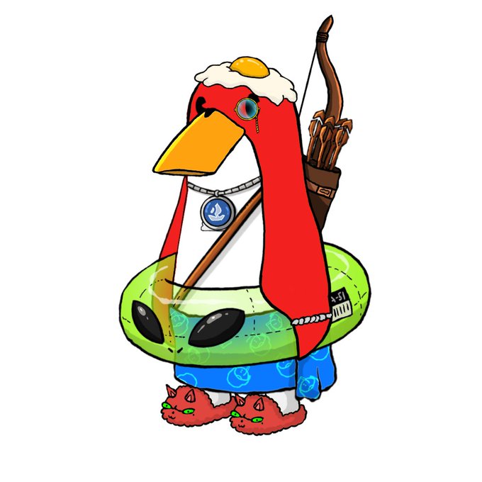 A cartoon red bird character wearing a fried egg hat, blue shorts, a duck-themed necklace, and alien slippers, holding a bow and quiver of arrows.