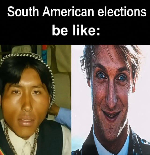 A meme with the caption "South American elections be like:" showing two photos of men wearing distinctive woven hats with chin straps.