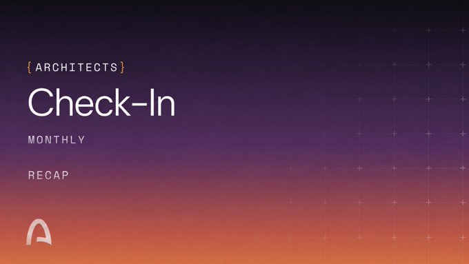 A presentation title slide with a dark purple and orange gradient background displays the text '{ARCHITECTS} Check-In MONTHLY RECAP' in white, along with a small 'A' logo.