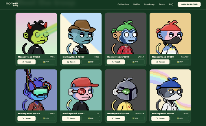 This image showcases the "MonkeyHood" NFT collection with various pixelated monkeys, each with a unique name and ID like "MonkeyHood #0018 RARE". The accompanying post highlights this as a free mint on Robinhood with a burn mechanic to upgrade NFTs.