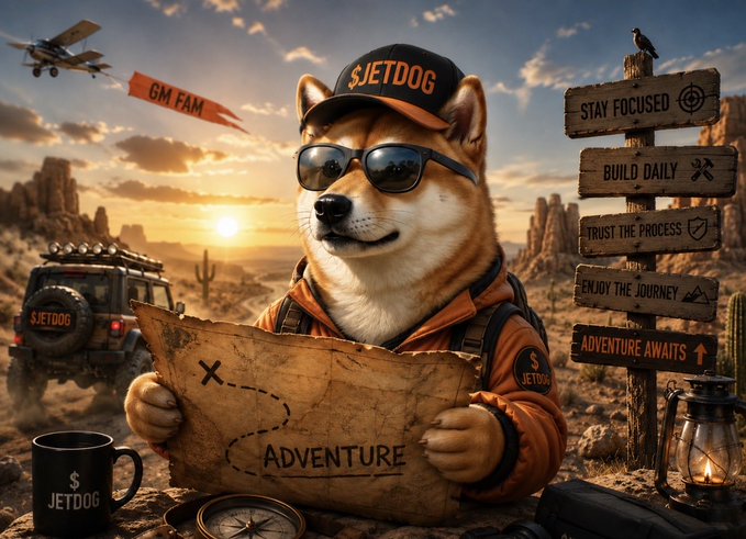 A digital illustration of a Shiba Inu dog wearing a '$JETDOG' cap and sunglasses, holding a treasure map marked 'ADVENTURE' in a desert landscape, with a jeep, biplane towing a 'GM FAM' banner, and wooden signs reading 'STAY FOCUSED', 'BUILD DAILY', 'TRUST THE PROCESS', 'ENJOY THE JOURNEY', and 'ADVENTURE AWAITS'.