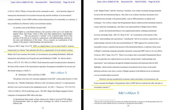 The image shows two pages (15 and 25) from a court filing (Case 1:20-cv-10832-AT-SN), with highlighted text emphasizing the court's analysis that "XRP, as a digital token, is not in and of itself a 'contract, transaction, or scheme' that embodies the Howey requirements of an investment contract," and that programmatic sales of XRP do not constitute the offer and sale of investment contracts—supporting the post's claim that XRP already has regulatory clarity.