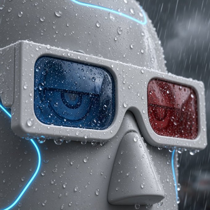 A 3D-rendered close-up of a gray robot or figure wearing blue and red 3D glasses, covered in raindrops with a glowing blue line against a dark, rainy background.