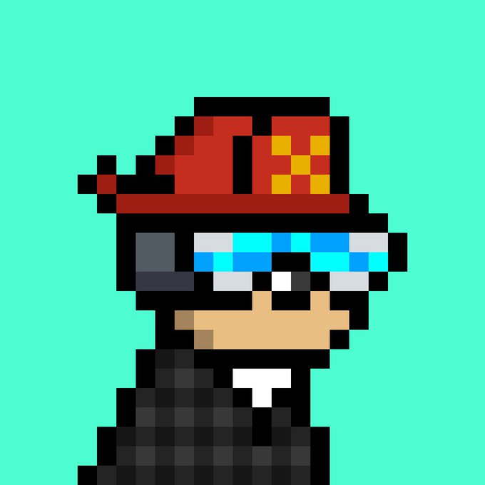 A pixel art character with a red cap, sunglasses, and a black suit stands against a teal background.