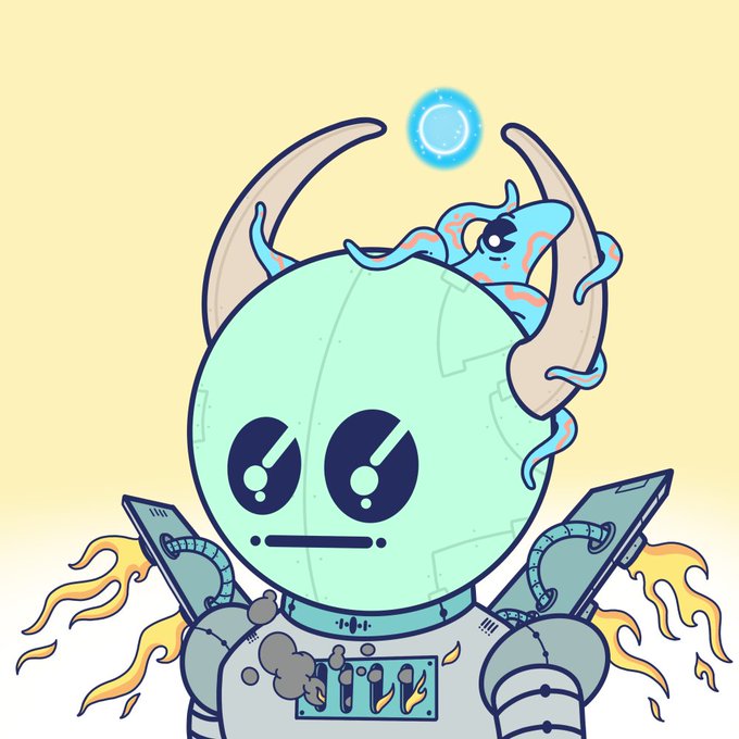 A cartoon illustration of a green spherical robot character with large eyes and horns, featuring a small blue axolotl-like creature on its head and flames emitting from its back, set against a light yellow background.