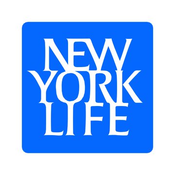 The image displays the New York Life logo, featuring the company name in white serif font stacked on three lines against a bright blue square background. The logo represents the insurance giant whose investment management arm is partnering with Centrifuge to tokenize its US High Yield Corporate Bond Strategy using USDC settlements.