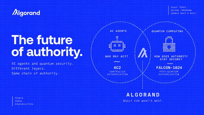 Algorand promotional banner titled "The future of authority" on a blue background, highlighting AI agents (AC2 controlled authorization) and quantum computing (FALCON-1024 post-quantum authorization) with a Venn diagram.