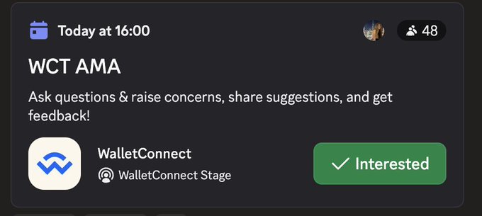Event notification card for a 'WCT AMA' scheduled for Today at 16:00 by WalletConnect on the WalletConnect Stage, with 48 participants and an 'Interested' button.