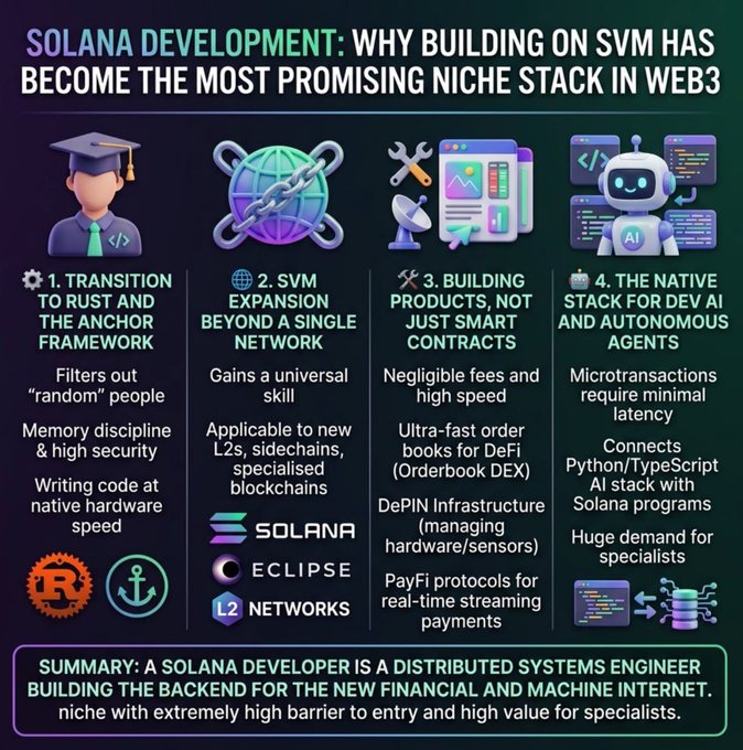 The infographic, titled "Solana Development: Why Building on SVM Has Become the Most Promising Niche Stack in Web3," outlines four key advantages of Solana development: a transition to the Rust/Anchor framework, SVM expansion beyond a single network (Solana, Eclipse, L2s), building products rather than just smart contracts (DeFi, DePIN, PayFi), and native support for AI/autonomous agents. It concludes that "A Solana Developer is a Distributed Systems Engineer Building the Backend for the New Financial and Machine Internet," reinforcing the post's thesis that SVM represents a high-value, specialized alternative to the dominant EVM stack.